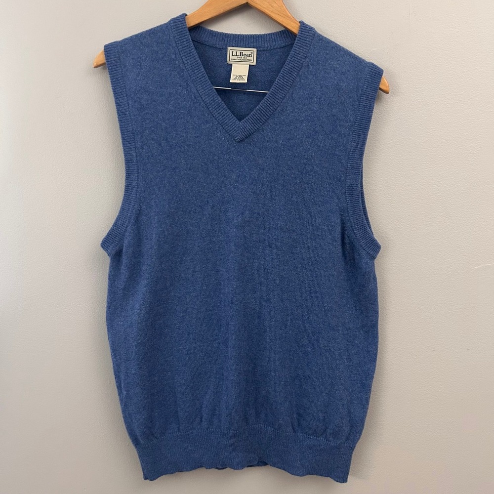 LL Bean Sweater Vest Mens Medium Blue 100%‎ Lambswool V-Neck Grandpa Core Preppy